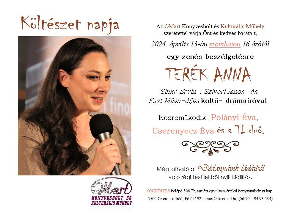 Költészetnap Terék Anna Füst Milán-díjas költővel - Közreműködik TI verséneklő duó